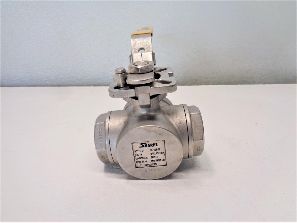 Sharpe 1-1/2" NPT 3-Way Ball Valve, Stainless Steel, Series 76